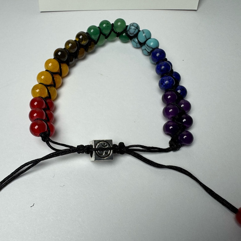 Natural Chakra Stones Adjustable Bracelet with Silver Om Charm